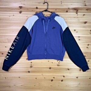 Nike Air Hoodie Womens Medium Blue Black White Crop Top Zip Up Hooded Sweatshirt